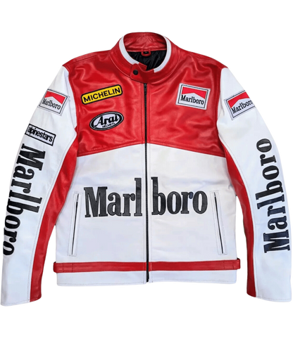 AeroVintage Red & White Chevron Leather Racing Jacket – Padded Red & White edition, view 2